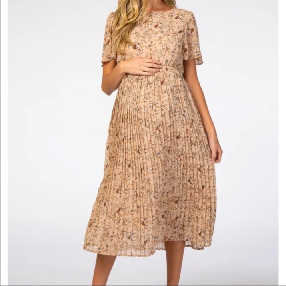 Beige Floral Pleated Chiffon Maternity Midi Dress